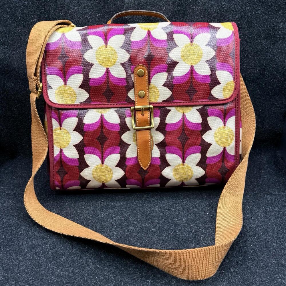 Fossil Key-Per Navy Pink Floral Coated Canvas Keyper Crossbody Handbag